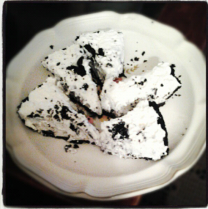 Pieces of Oreo ice cream cake. Yum!